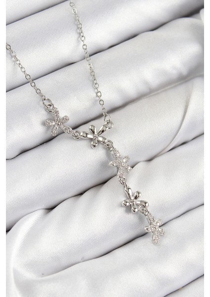 316L Çelik Zirkon Taşlı Çiçek Model Gümüş Renk Kadın Kolye