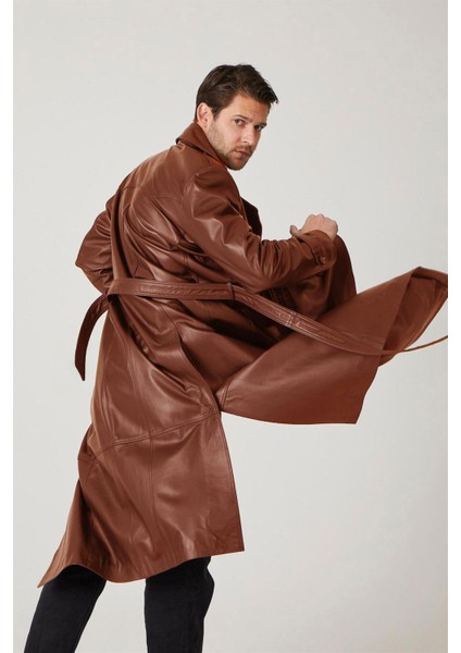 Taba Matrix Hakiki Deri Kruvaze Düğme Kapamalı Yırtmaçlı Astarlı Kemerli Trençkot Erkek Kaban fiyatları