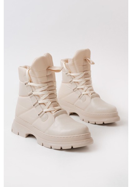 Bej Bağcıklı Su Geçirmez Kadın Premium Kar Botu