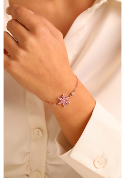 (Premium Işıklı Kutulu) 925 Ayar Gümüş Pembe Taşlı Lotus Çiçeği Kadın Bileklik modelleri