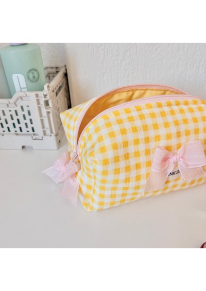 Sarı Ekose Fiyonklu Makyaj ve Bakım Çantası modelleri