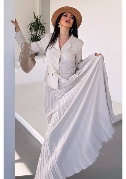 Kadın Ikili Alt Üst Takım Şık Kemerli Cep ve Düğme Detaylı Kısa Blazer Ceket Piliseli Uzun Etek Takım indirimleri