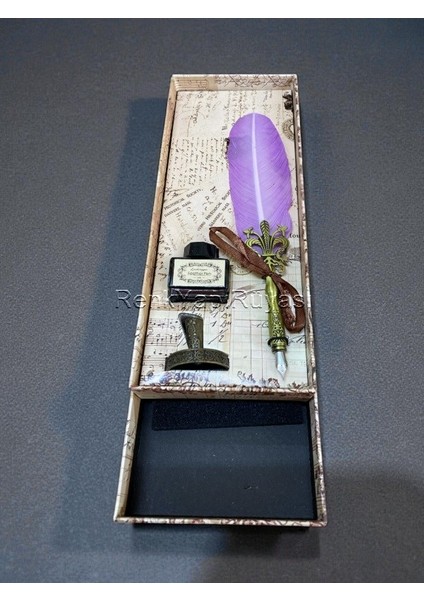 Zarif Şık Kuş Tüylü Vintage Kalem Seti Vintiç Divit Mürekkep Seti Hediyelik Kalem Seti