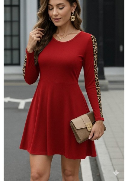 Kadın Uzun Kollu Bisiklet Yaka Kollar Leopar Detay Iki Iplik Mini Boy Elbise