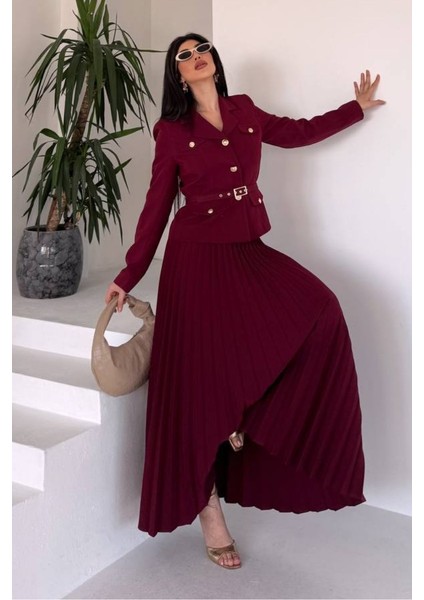 Kadın Ikili Alt Üst Takım Şık Kemerli Cep ve Düğme Detaylı Kısa Blazer Ceket Piliseli Uzun Etek Takım fiyatları