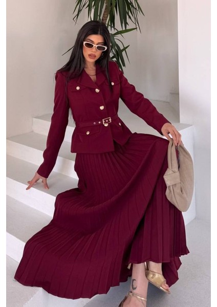 Kadın Ikili Alt Üst Takım Şık Kemerli Cep ve Düğme Detaylı Kısa Blazer Ceket Piliseli Uzun Etek Takım indirimleri