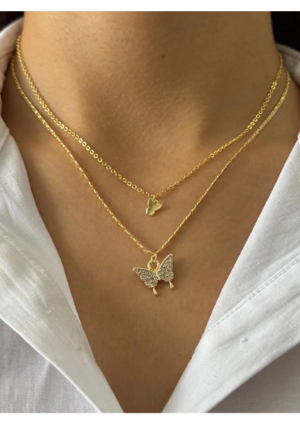 Altın Kaplama Zirkon Taşlı Kelebek Kolye | Zarif ve Göz Alıcı Çelik Kolye
