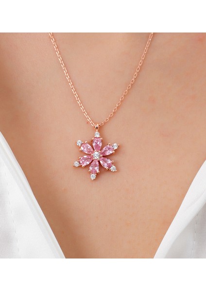 (Premium Işıklı Kutulu) 925 Ayar Gümüş Pembe Taşlı Lotus Çiçeği Kadın Kolye fiyatları