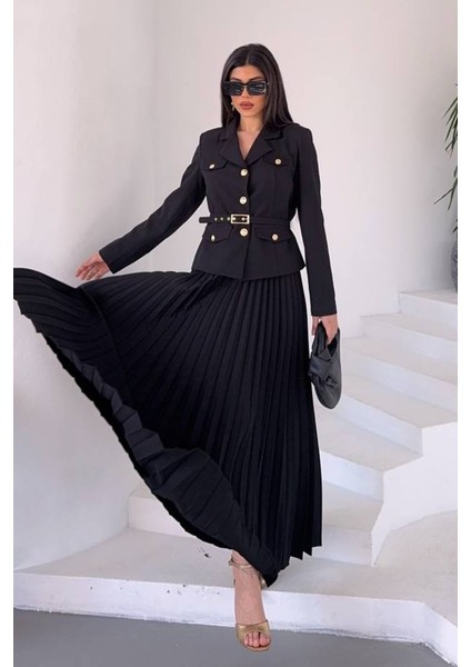 Kadın Ikili Alt Üst Takım Şık Kemerli Cep ve Düğme Detaylı Kısa Blazer Ceket Piliseli Uzun Etek Takım fiyatları