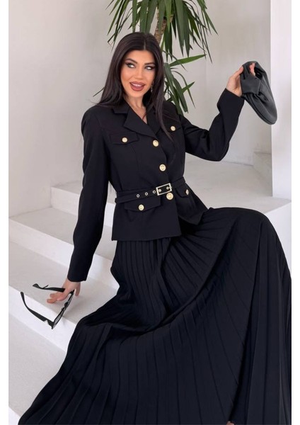 Kadın Ikili Alt Üst Takım Şık Kemerli Cep ve Düğme Detaylı Kısa Blazer Ceket Piliseli Uzun Etek Takım indirimleri