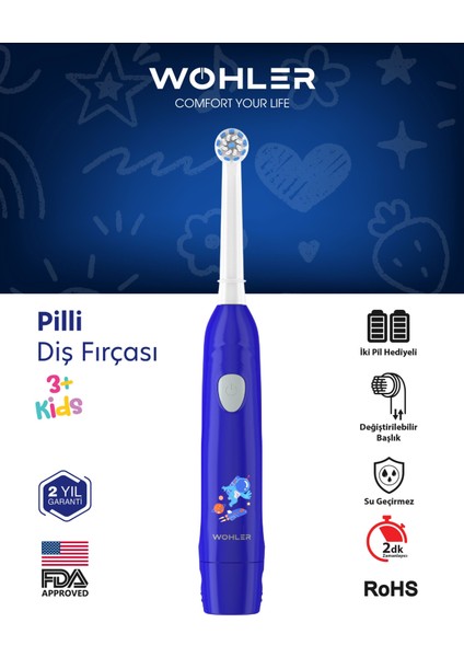 Değiştirilebilir Başlıklı Pilli Erkek Çocuk Diş Fırçası 3+ , Fda Onaylı