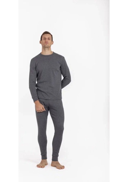 Oıl Company Buğz Unisex Çizgili Kışlık Uzun Kollu Pamuk Termal Içlik Set Antrasit