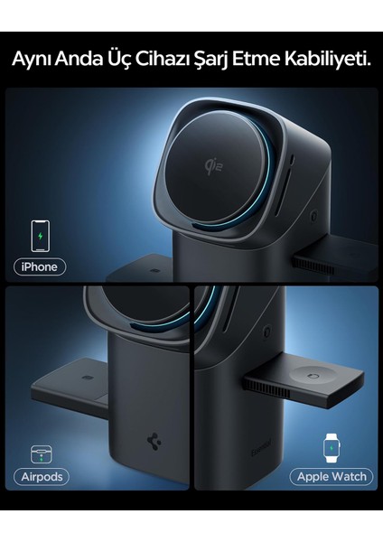 3in1 Kablosuz Şarj Cihazı / iPhone & Apple Watch & AirPods ile Uyumlu / Qi2 Sertifikalı Hızlı Kablosuz Şarj Destekli / 30W Çıkış Gücü / Soğutmalı Stand / Ayarlanabilir Dock Black - ACH09542