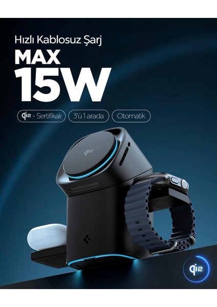 3in1 Kablosuz Şarj Cihazı / iPhone & Apple Watch & AirPods ile Uyumlu / Qi2 Sertifikalı Hızlı Kablosuz Şarj Destekli / 30W Çıkış Gücü / Soğutmalı Stand / Ayarlanabilir Dock Black - ACH09542 fiyatları