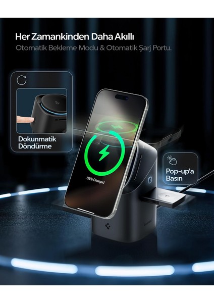 3in1 Kablosuz Şarj Cihazı / iPhone & Apple Watch & AirPods ile Uyumlu / Qi2 Sertifikalı Hızlı Kablosuz Şarj Destekli / 30W Çıkış Gücü / Soğutmalı Stand / Ayarlanabilir Dock Black - ACH09542 fırsatları