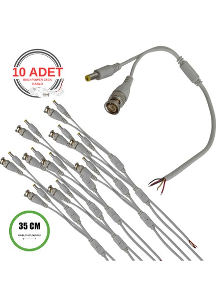 Bnc + Dc Power Jack Pigtail Kablo 35CM – 5 Uçlu Hazır Kamera Bağlantı Seti – Cctv Güvenlik Sistemi Için - 10 Adet