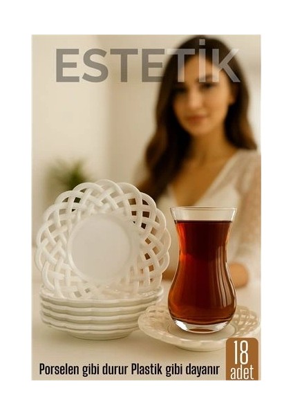 Porselen Görünümlü Plastik Çay Tabağı – 18'lı Set, Hafif, Şık ve Kırılmaz Tasarım
