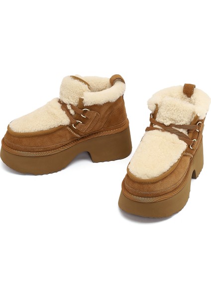 Kadın Camel Bağcıklı Kalın Tabanlı Kürklü Süet Deri Teddy Bot 25WFD492110 modelleri