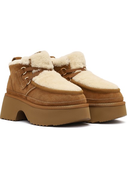 Kadın Camel Bağcıklı Kalın Tabanlı Kürklü Süet Deri Teddy Bot 25WFD492110