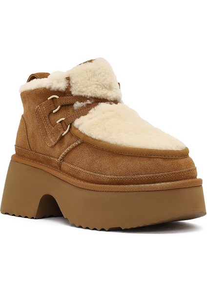 Kadın Camel Bağcıklı Kalın Tabanlı Kürklü Süet Deri Teddy Bot 25WFD492110