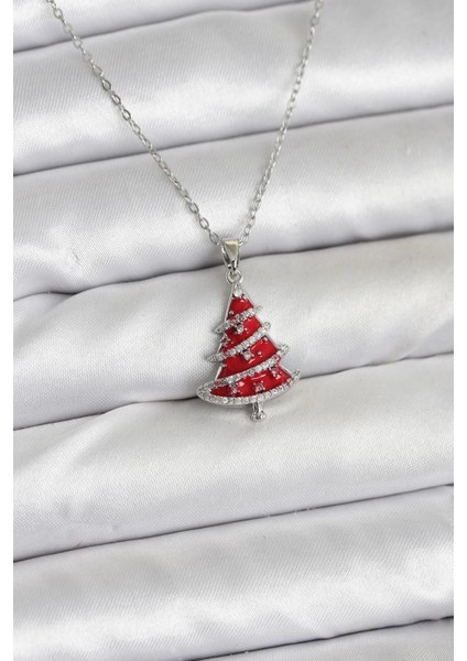 316L Çelik Zincir Gümüş Renk Kırmızı Çam Ağacı Model Yılbaşı Temalı Kadın Kolye