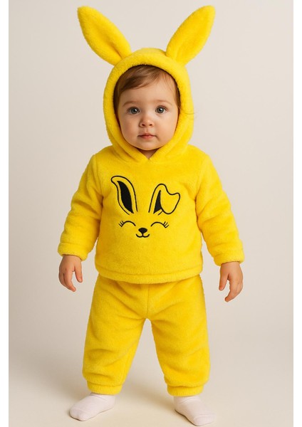 Tavşan Nakışlı Welsoft 2'li Bebek Takımı (Kulaklı Kapüşonlu)