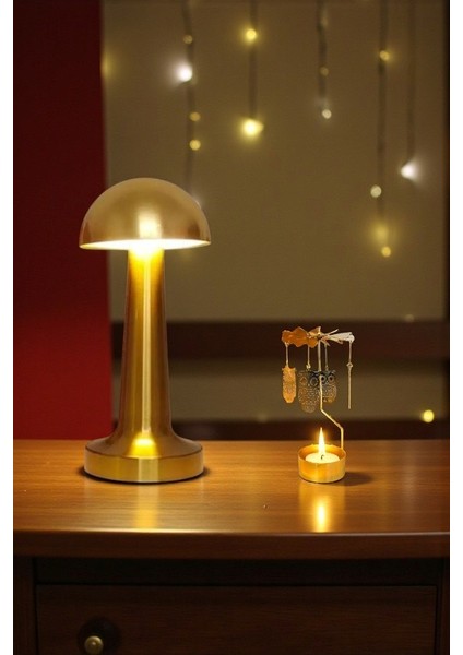 Dönen Baykuş Mumluk ve Dokunmatik Mantar LED Lamba 2’li Dekor Seti