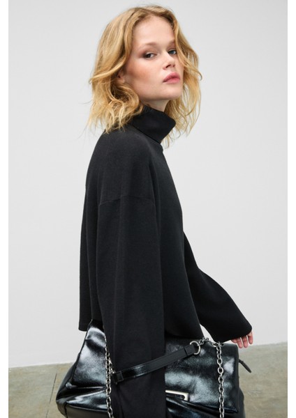 Ploruns Kadın Yumuşak ve Esnek Kumaşlı Balıkçı Yaka Siyah Sweatshirt indirimleri