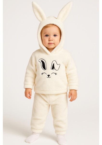 Tavşan Nakışlı Welsoft 2'li Bebek Takımı (Kulaklı Kapüşonlu)