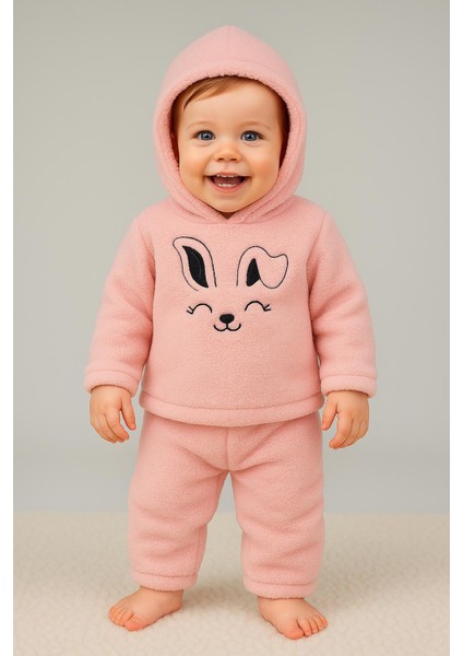Tavşan Nakışlı Welsoft 2'li Bebek Takımı (Kulaklı Kapüşonlu)