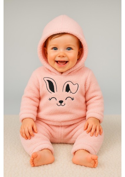 Tavşan Nakışlı Welsoft 2'li Bebek Takımı (Kulaklı Kapüşonlu)