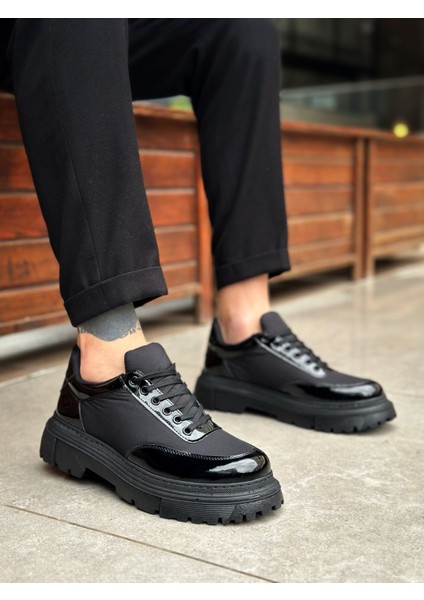 BA0243 Bağcıklı Rugan Paraşüt Detaylı Yüksek Siyah Taban Erkek Ayakkabı