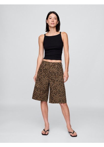 Kadın Kahverengi 11" Mid Rise Denim Leopar Longline Şort
