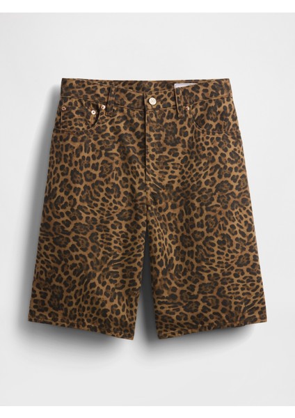 Kadın Kahverengi 11" Mid Rise Denim Leopar Longline Şort fiyatları