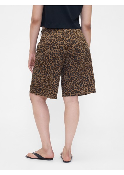 Kadın Kahverengi 11" Mid Rise Denim Leopar Longline Şort modelleri