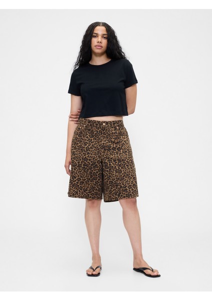 Kadın Kahverengi 11" Mid Rise Denim Leopar Longline Şort fırsatları