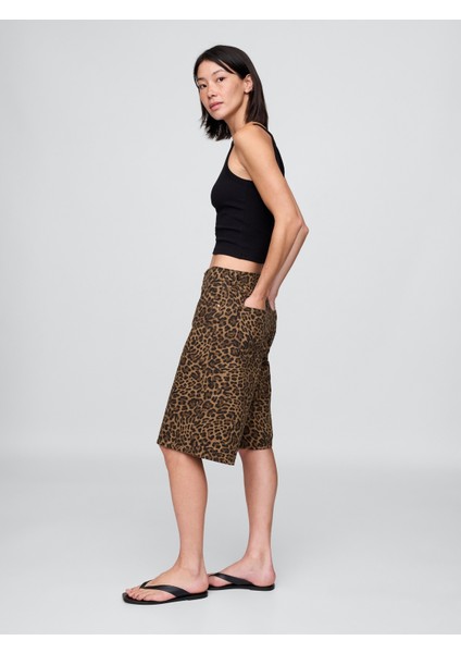 Kadın Kahverengi 11" Mid Rise Denim Leopar Longline Şort