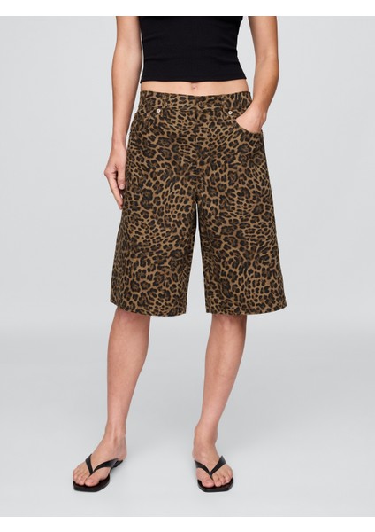 Kadın Kahverengi 11" Mid Rise Denim Leopar Longline Şort