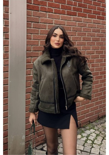 Kadın Süet Mont Içi Kürklü Fermuarlı Cepli Yaka ve Kol Detaylı Premium Regular Ceket