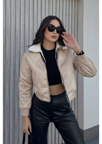 Kadın Ceket Kısa Süet Içi Kürklü Fermuarlı Çift Cepli Ribanalı Kısa Mont