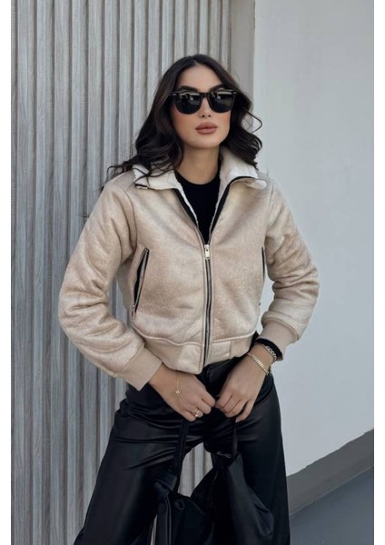 Kadın Ceket Kısa Süet Içi Kürklü Fermuarlı Çift Cepli Ribanalı Kısa Mont fiyatları