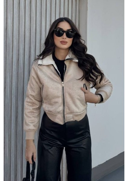 Kadın Ceket Kısa Süet Içi Kürklü Fermuarlı Çift Cepli Ribanalı Kısa Mont modelleri