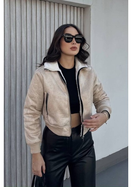 Kadın Ceket Kısa Süet Içi Kürklü Fermuarlı Çift Cepli Ribanalı Kısa Mont fırsatları