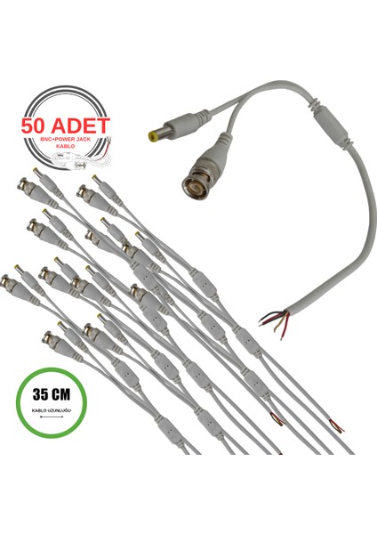 Bnc + Dc Power Jack Pigtail Kablo 35CM – 5 Uçlu Hazır Kamera Bağlantı Seti – Cctv Güvenlik Sistemi Için - 50 Adet