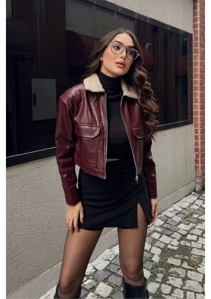 Kadın Crop Ceket Suni Deri Yakası Kürklü Fermuarlı Çift Cepli Kısa Deri Mont fırsatları