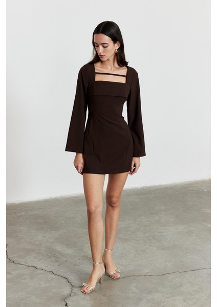 Önü Biye Detay Mini Elbise Acı Kahve modelleri