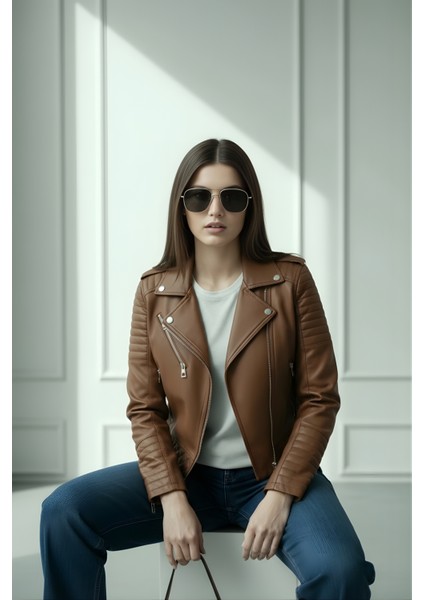 Kadın Suni Deri Ceket-Taba