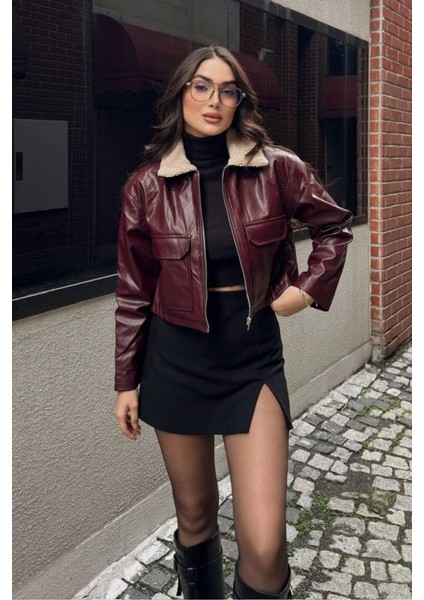 Kadın Crop Ceket Suni Deri Yakası Kürklü Fermuarlı Çift Cepli Kısa Deri Mont