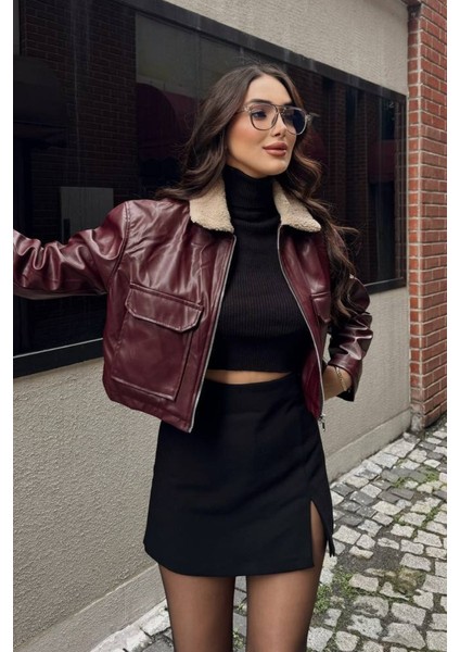Kadın Crop Ceket Suni Deri Yakası Kürklü Fermuarlı Çift Cepli Kısa Deri Mont fiyatları