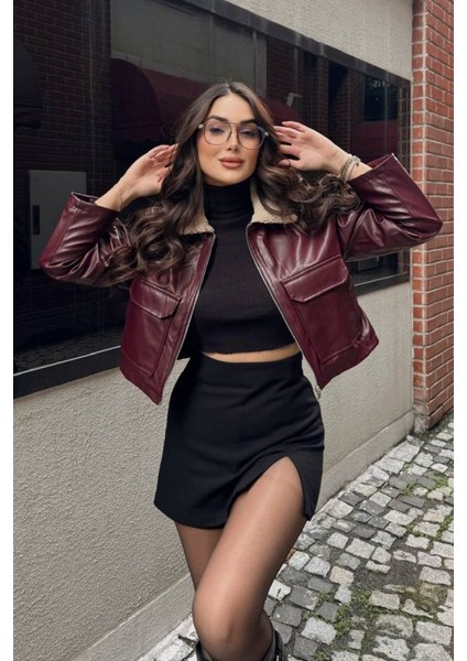 Kadın Crop Ceket Suni Deri Yakası Kürklü Fermuarlı Çift Cepli Kısa Deri Mont modelleri